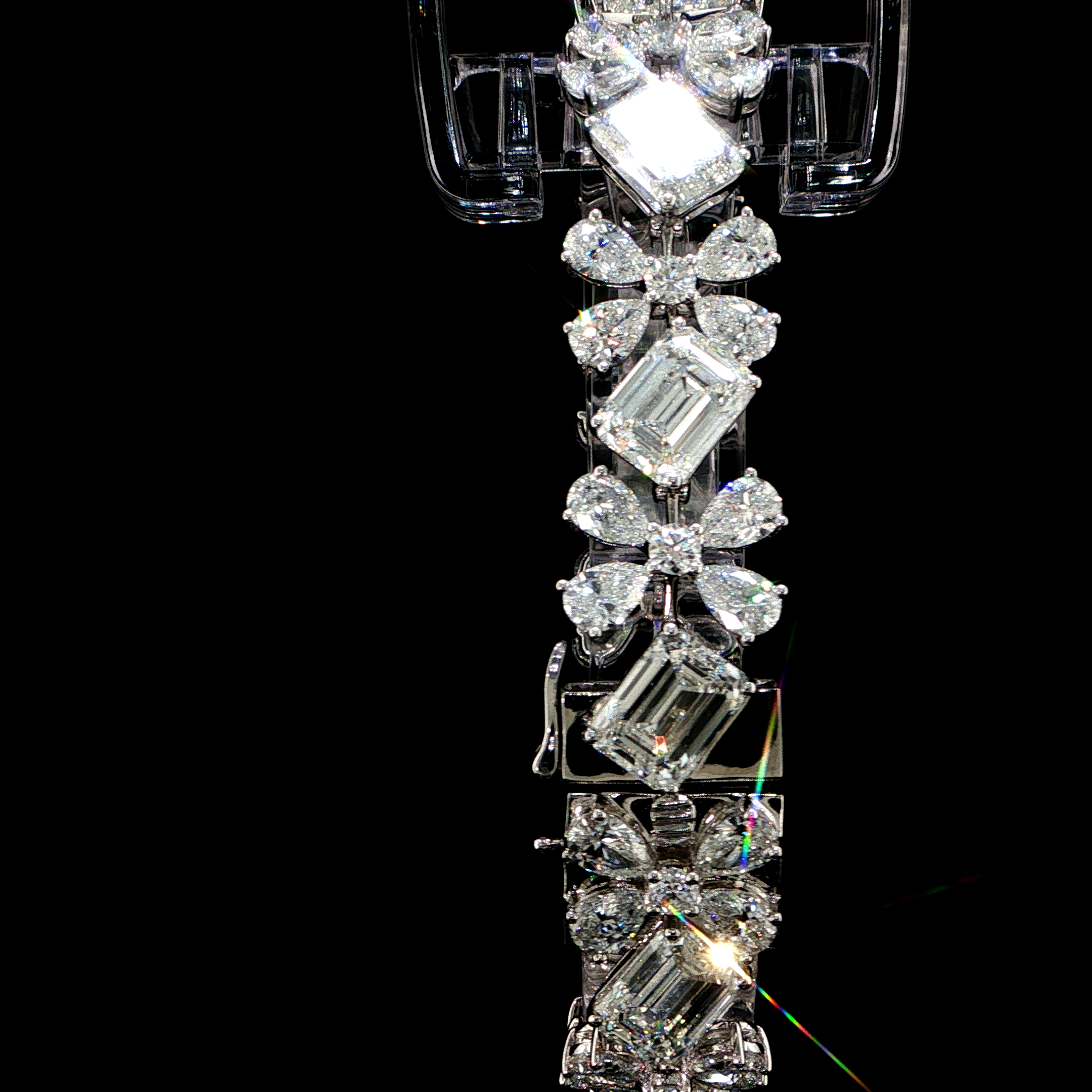 50.56 CTW IGI Certified Emerald, Pear & Round Diamond Floral Bracelet in White Gold