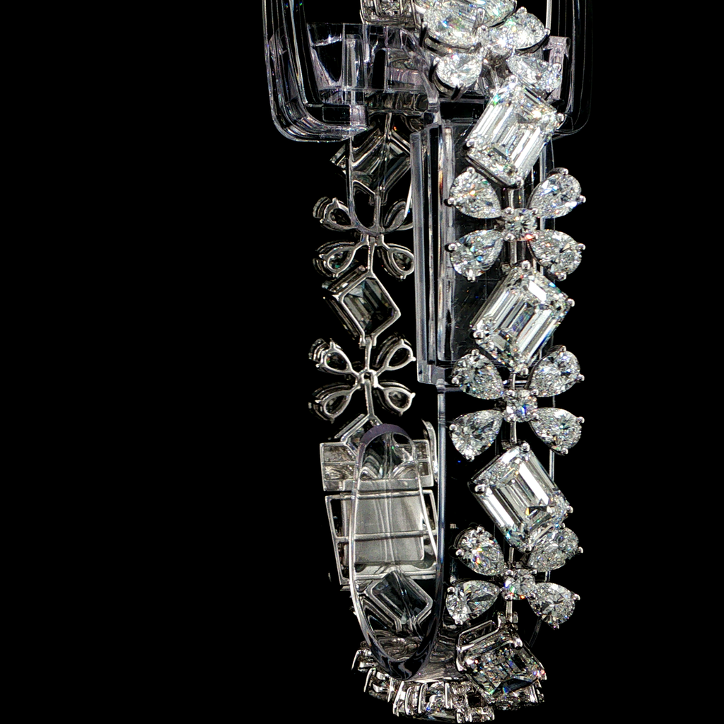 50.56 CTW IGI Certified Emerald, Pear & Round Diamond Floral Bracelet in White Gold