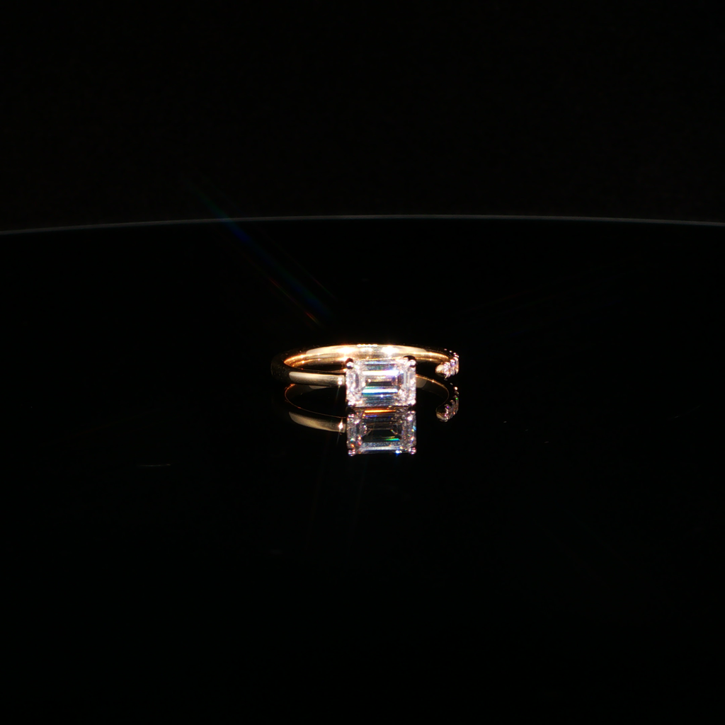 1.10 CTW Emerald Cut Lab-Grown Diamond Engagement Ring with Pavé Band in 14K Yellow Gold