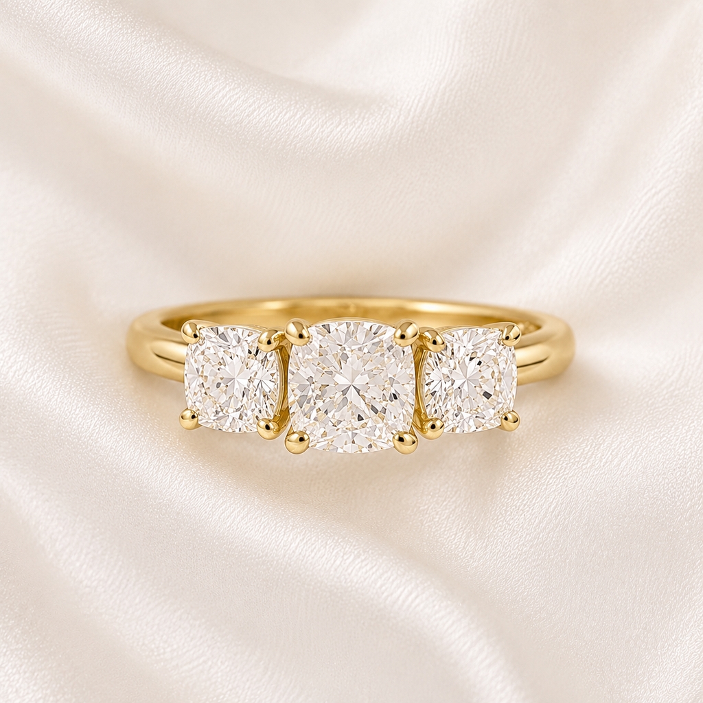 Three Stone Cushion Engagement Ring