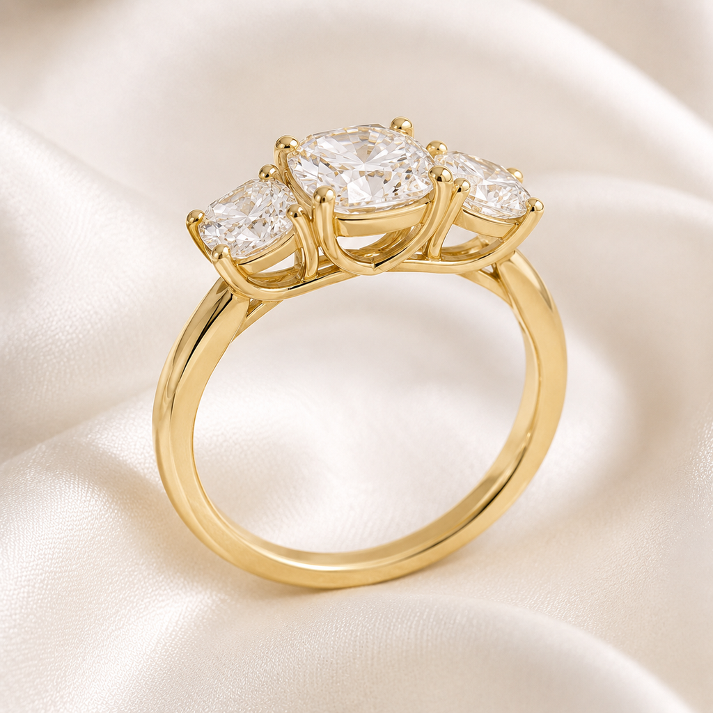 Three Stone Cushion Engagement Ring