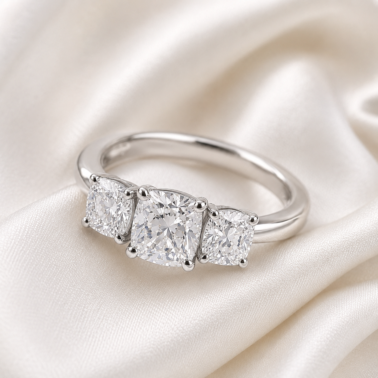 Three Stone Cushion Engagement Ring