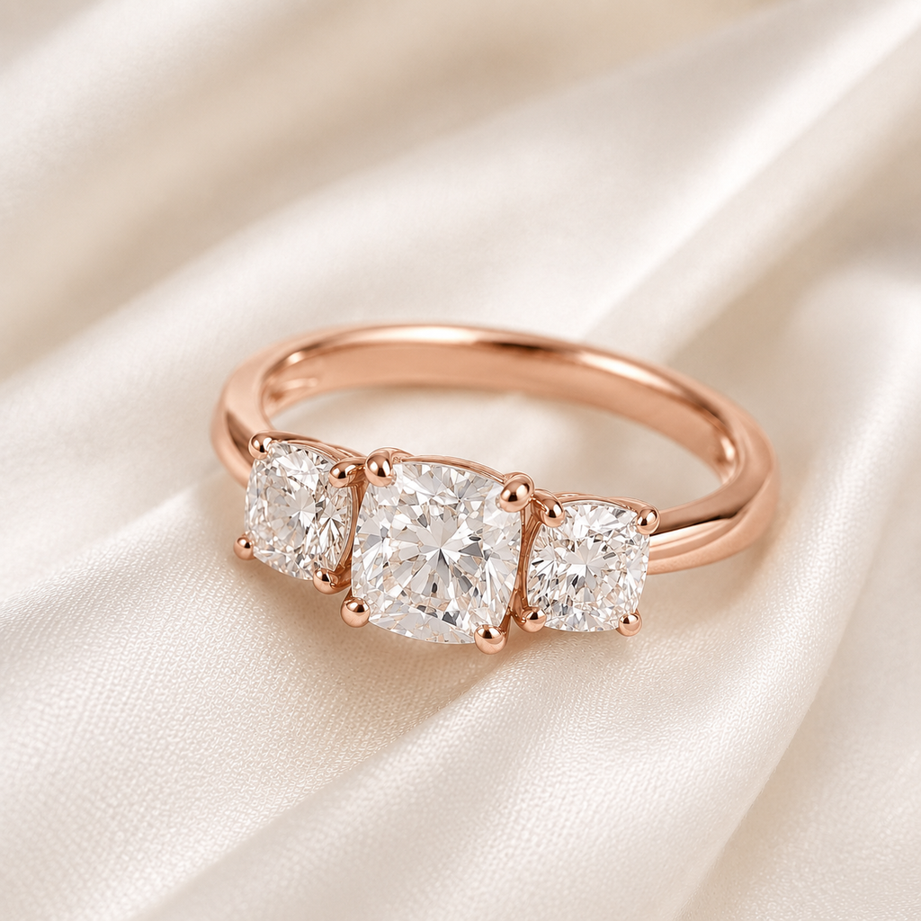 Three Stone Cushion Engagement Ring