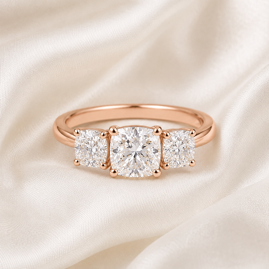 Three Stone Cushion Engagement Ring
