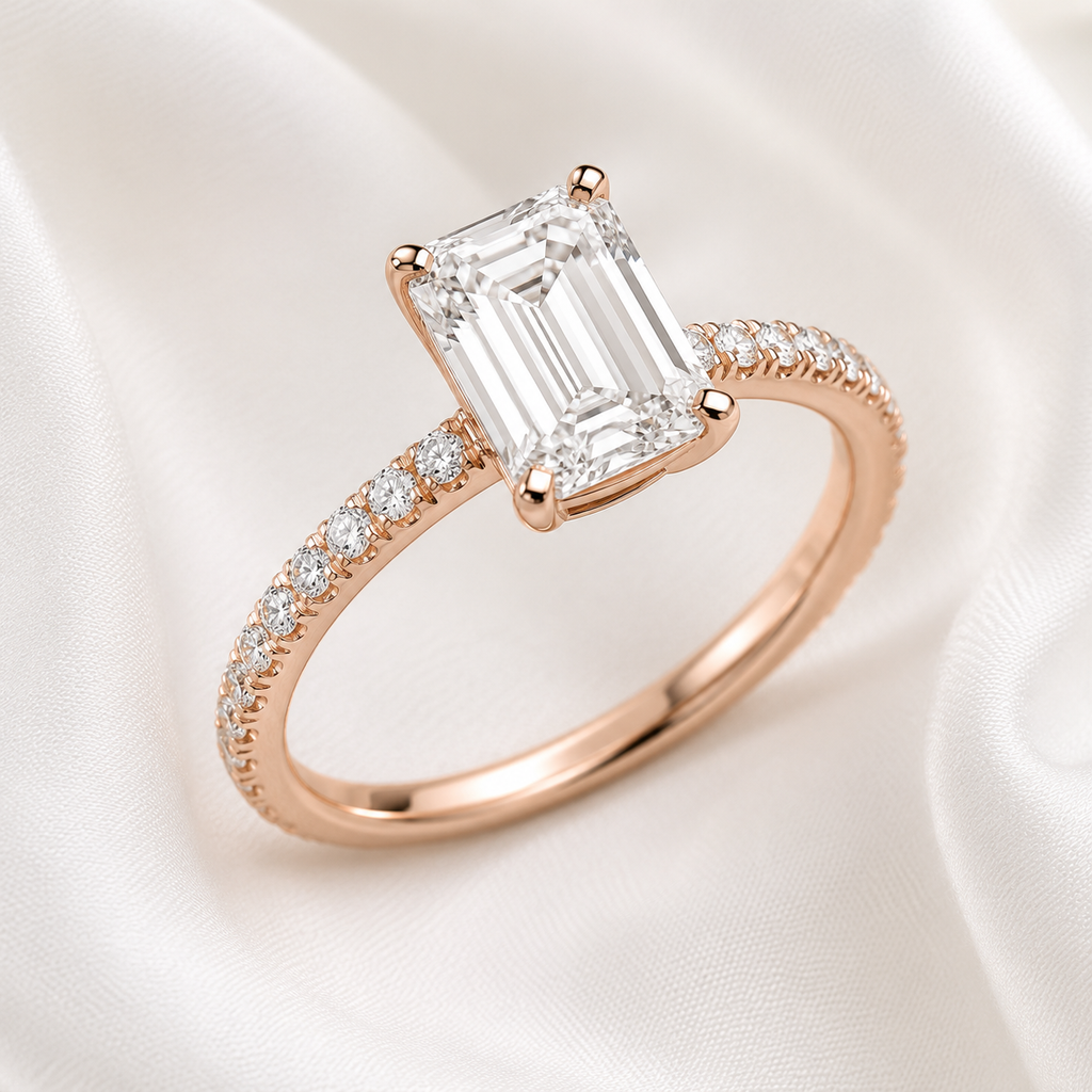 Emerald Diamond Pavé Engagement Ring | IGI Certified Lab-Grown | 1–5 CT | 14K & 18K Gold, Platinum