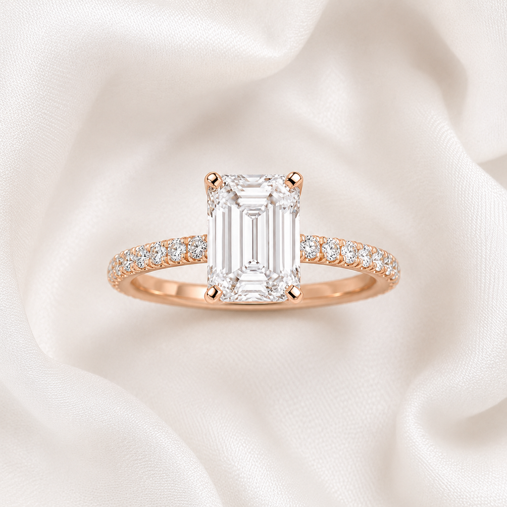 Emerald Diamond Pavé Engagement Ring | IGI Certified Lab-Grown | 1–5 CT | 14K & 18K Gold, Platinum