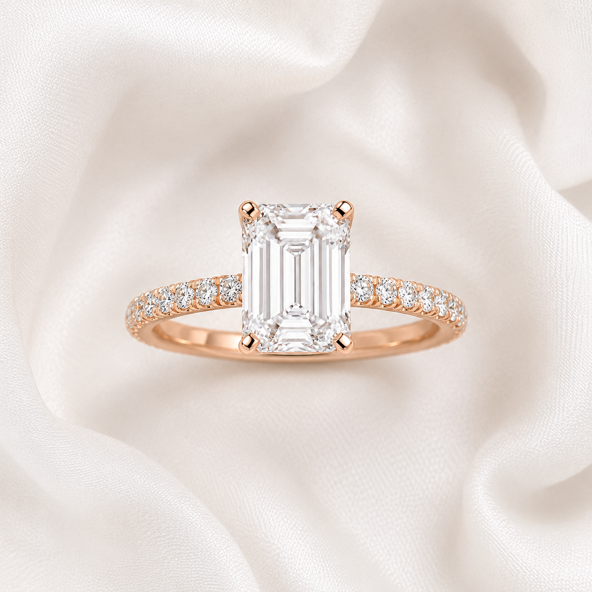 Emerald Diamond Pavé Engagement Ring | IGI Certified Lab-Grown | 1–5 CT | 14K & 18K Gold, Platinum