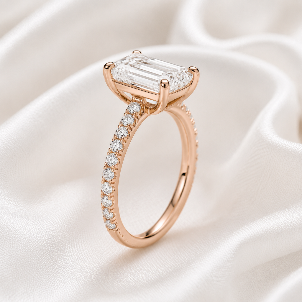 Emerald Diamond Pavé Engagement Ring | IGI Certified Lab-Grown | 1–5 CT | 14K & 18K Gold, Platinum