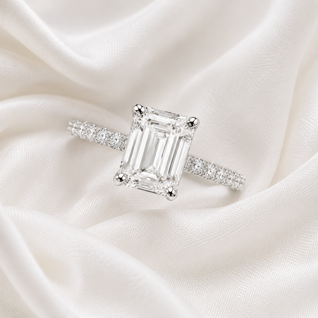 Emerald Diamond Pavé Engagement Ring | IGI Certified Lab-Grown | 1–5 CT | 14K & 18K Gold, Platinum