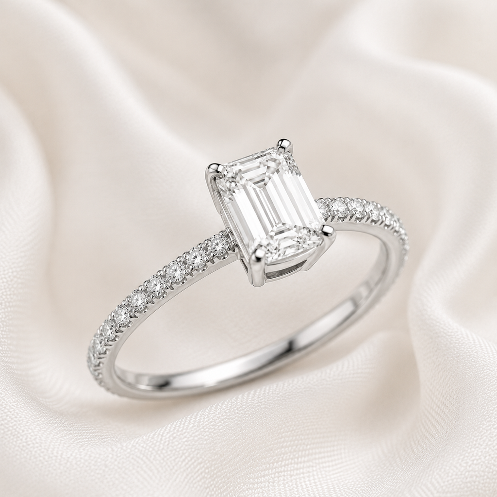Emerald Diamond Pavé Engagement Ring | IGI Certified Lab-Grown | 1–5 CT | 14K & 18K Gold, Platinum