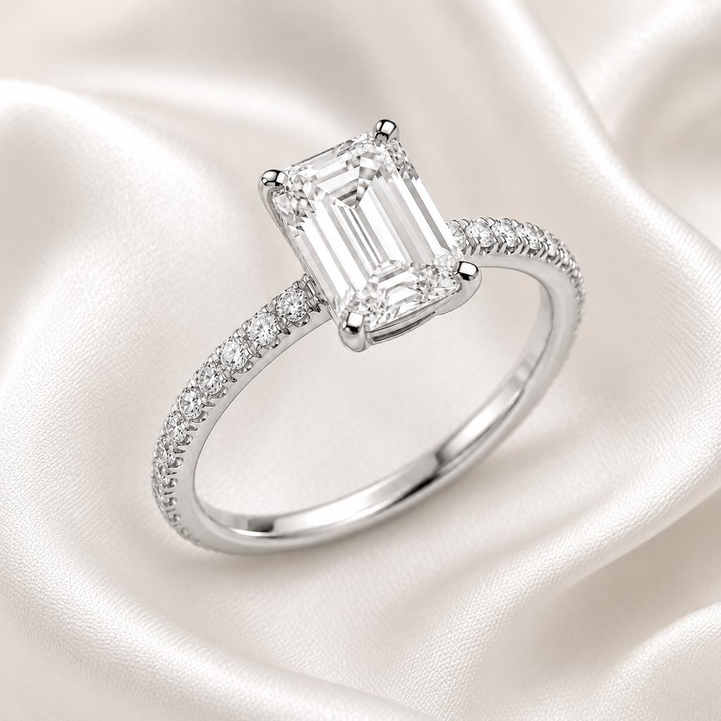 Emerald Diamond Pavé Engagement Ring | IGI Certified Lab-Grown | 1–5 CT | 14K & 18K Gold, Platinum