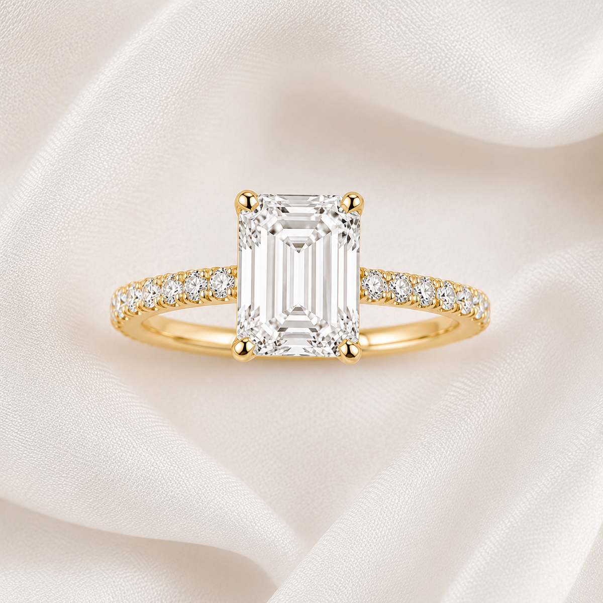 Emerald Diamond Pavé Engagement Ring | IGI Certified Lab-Grown | 1–5 CT | 14K & 18K Gold, Platinum