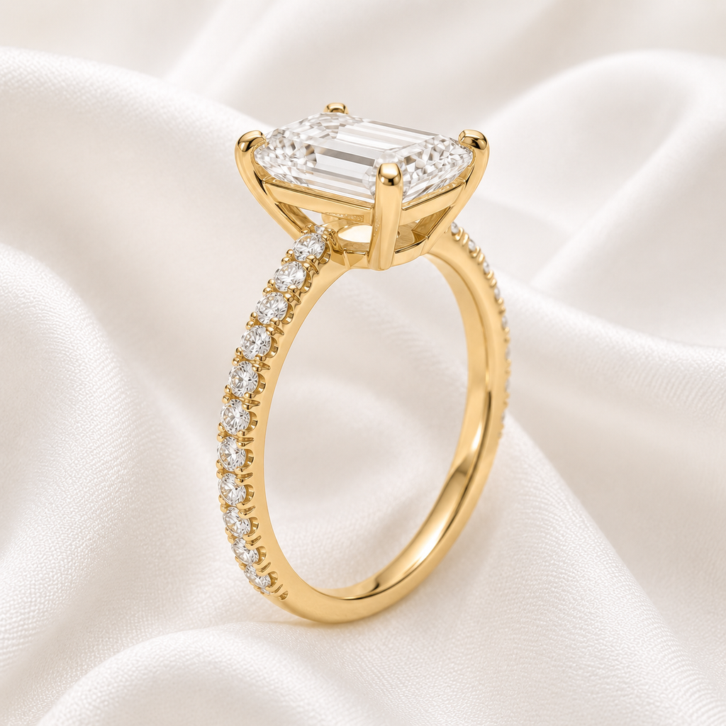 Emerald Diamond Pavé Engagement Ring | IGI Certified Lab-Grown | 1–5 CT | 14K & 18K Gold, Platinum
