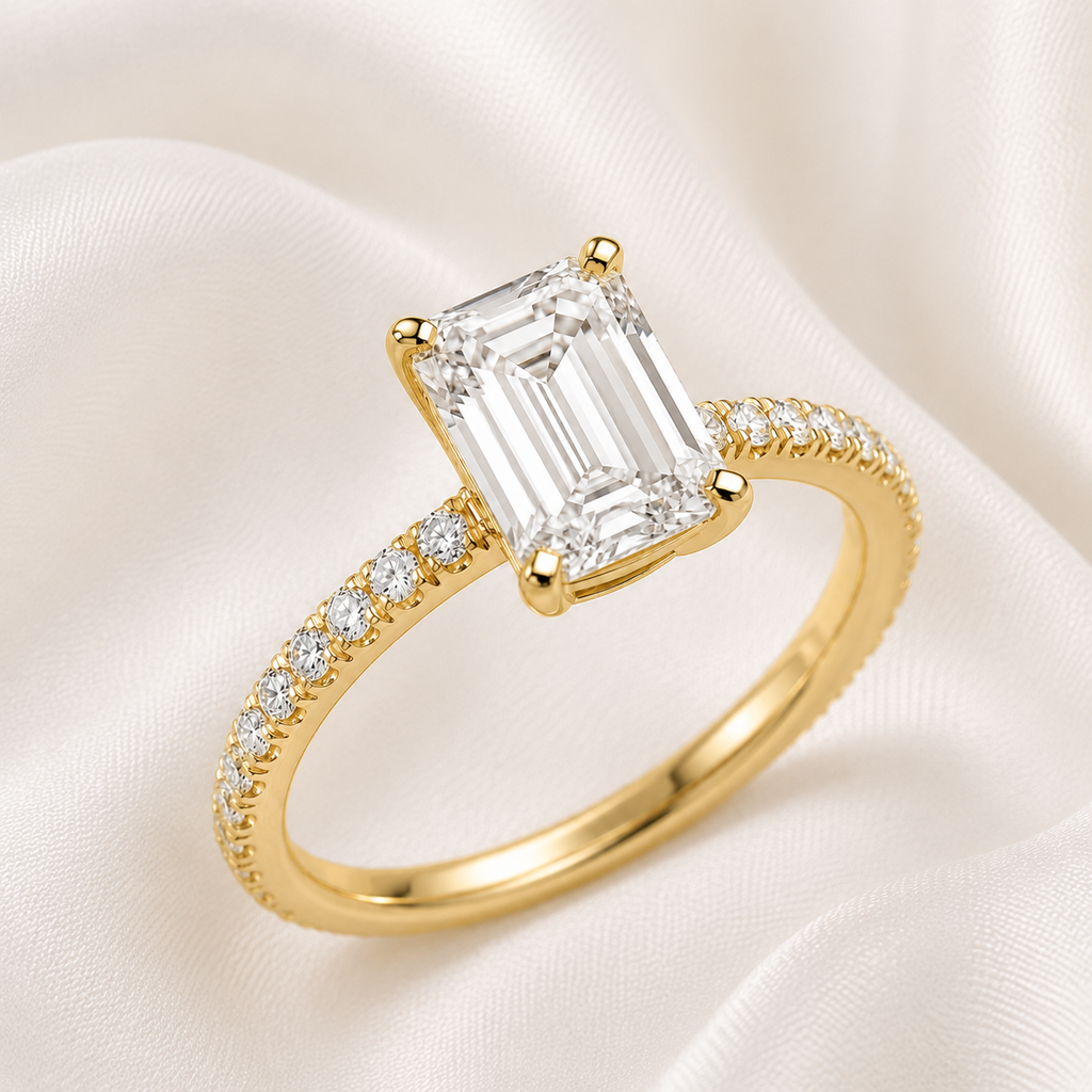 Emerald Diamond Pavé Engagement Ring | IGI Certified Lab-Grown | 1–5 CT | 14K & 18K Gold, Platinum