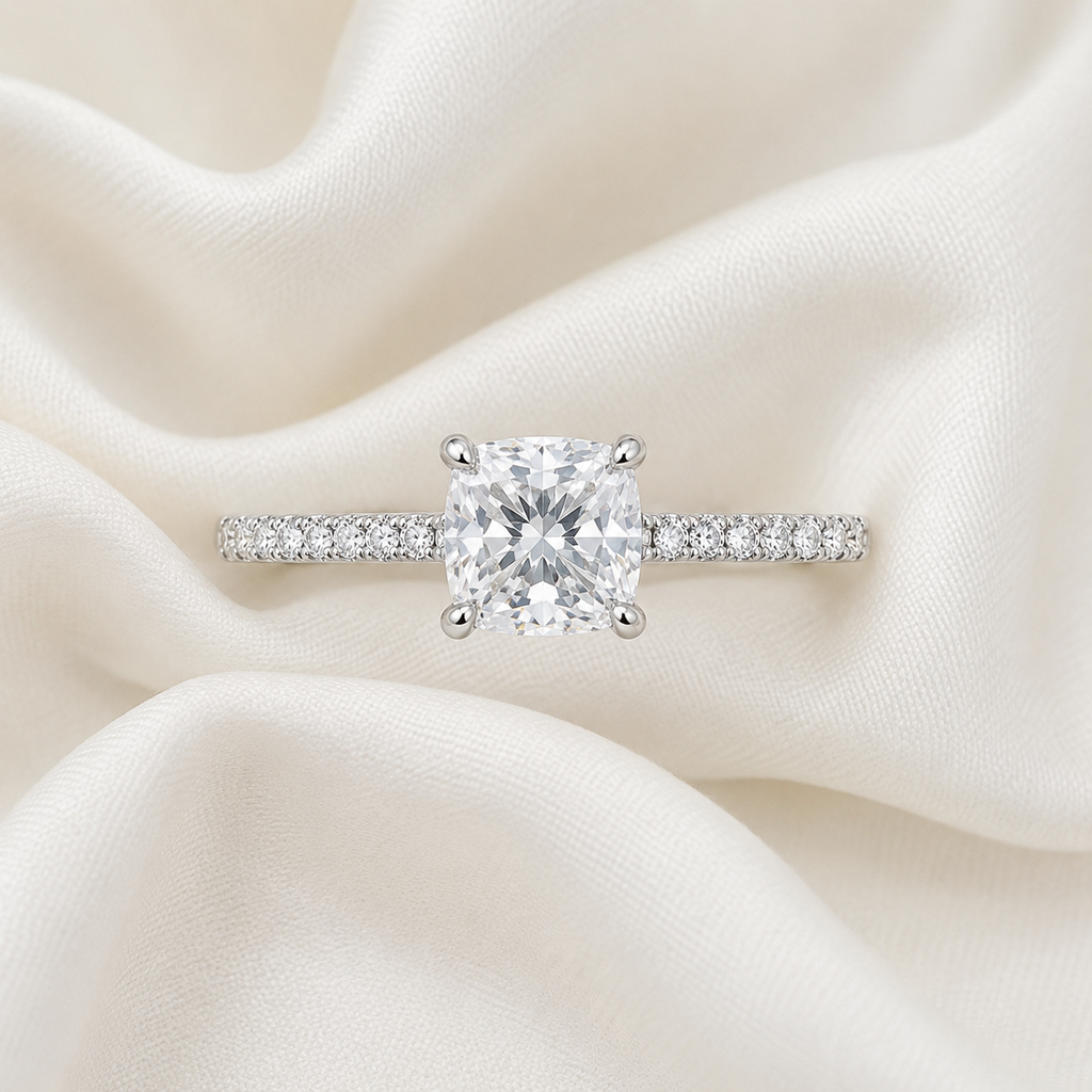 Cushion Diamond Pavé Engagement Ring | IGI Certified Lab-Grown | 1–5 CT | 14K & 18K Gold, Platinum