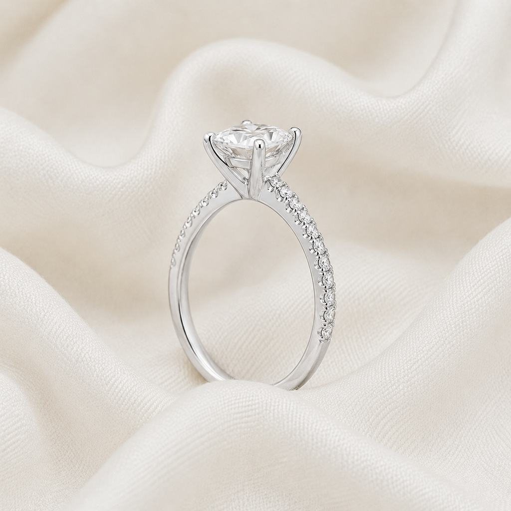 Cushion Diamond Pavé Engagement Ring | IGI Certified Lab-Grown | 1–5 CT | 14K & 18K Gold, Platinum
