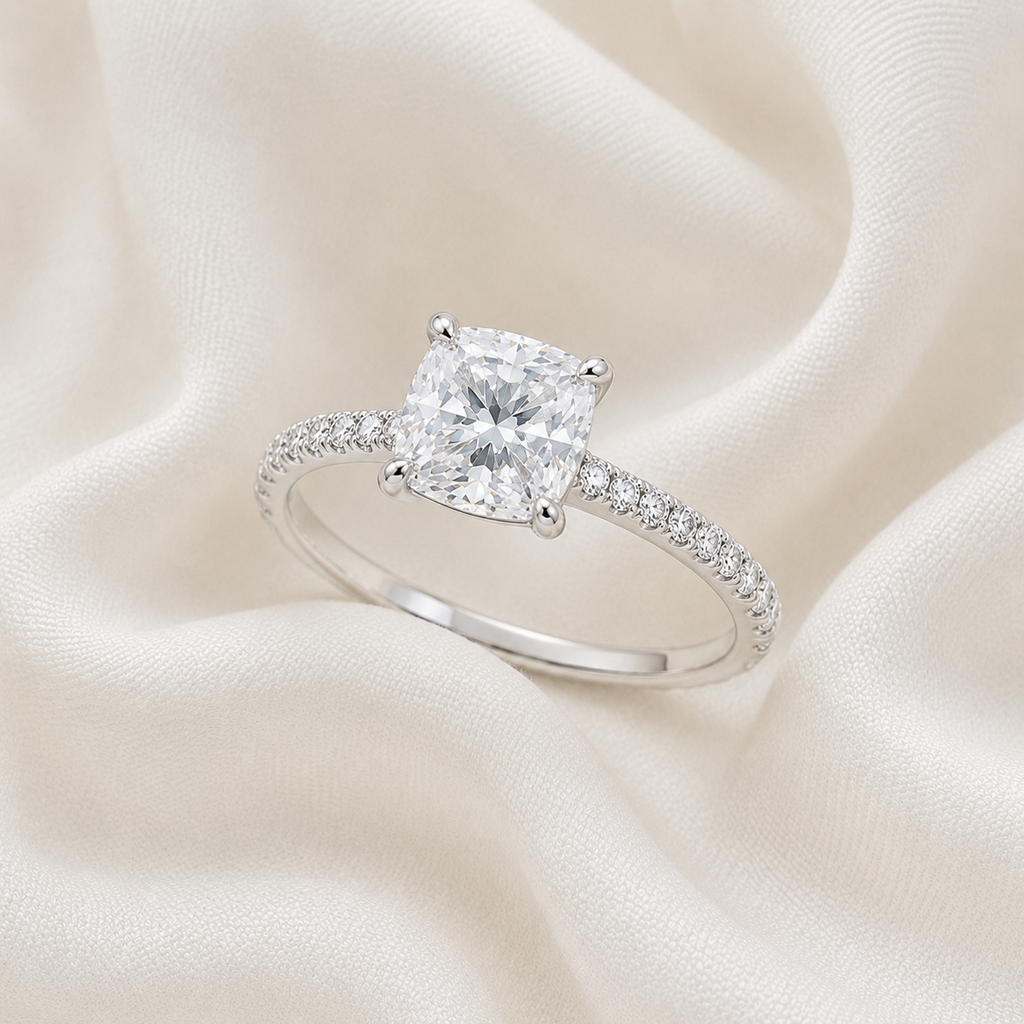 Cushion Diamond Pavé Engagement Ring | IGI Certified Lab-Grown | 1–5 CT | 14K & 18K Gold, Platinum