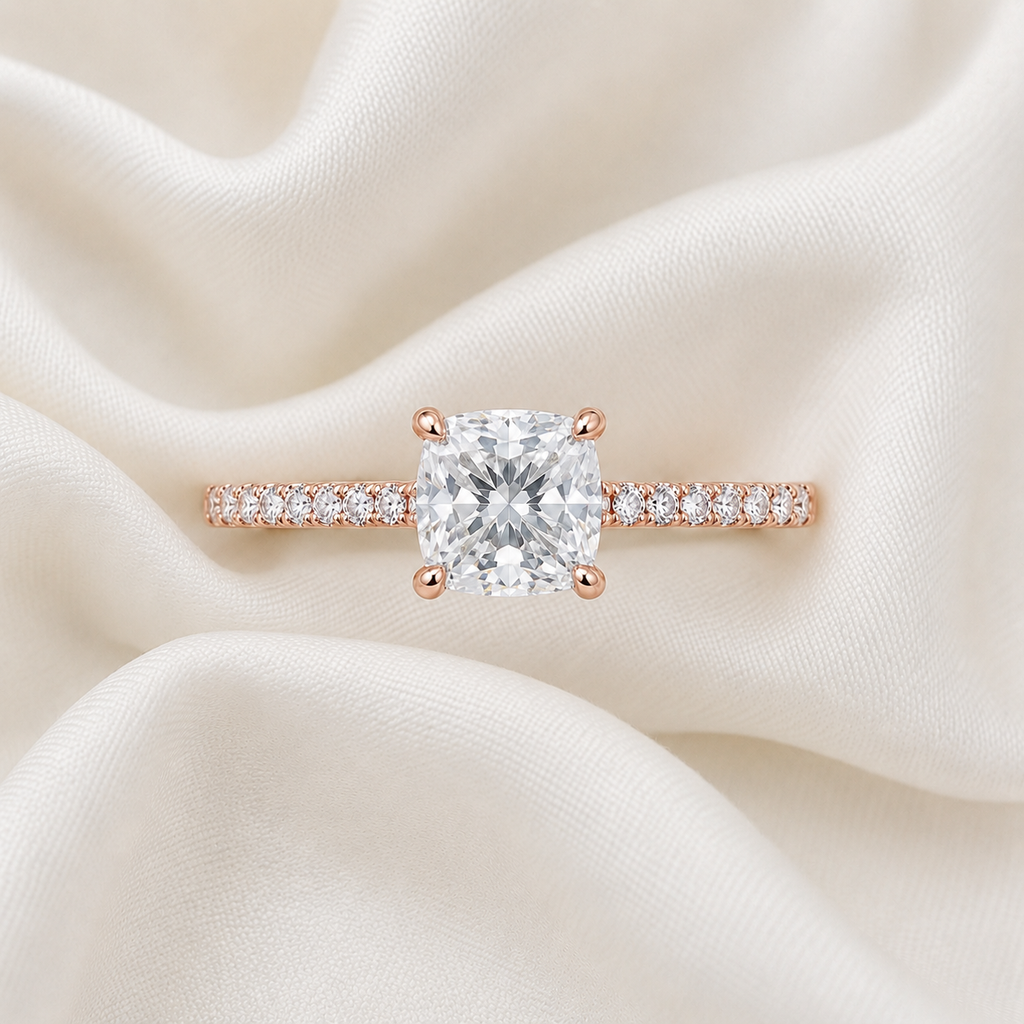 Cushion Diamond Pavé Engagement Ring | IGI Certified Lab-Grown | 1–5 CT | 14K & 18K Gold, Platinum