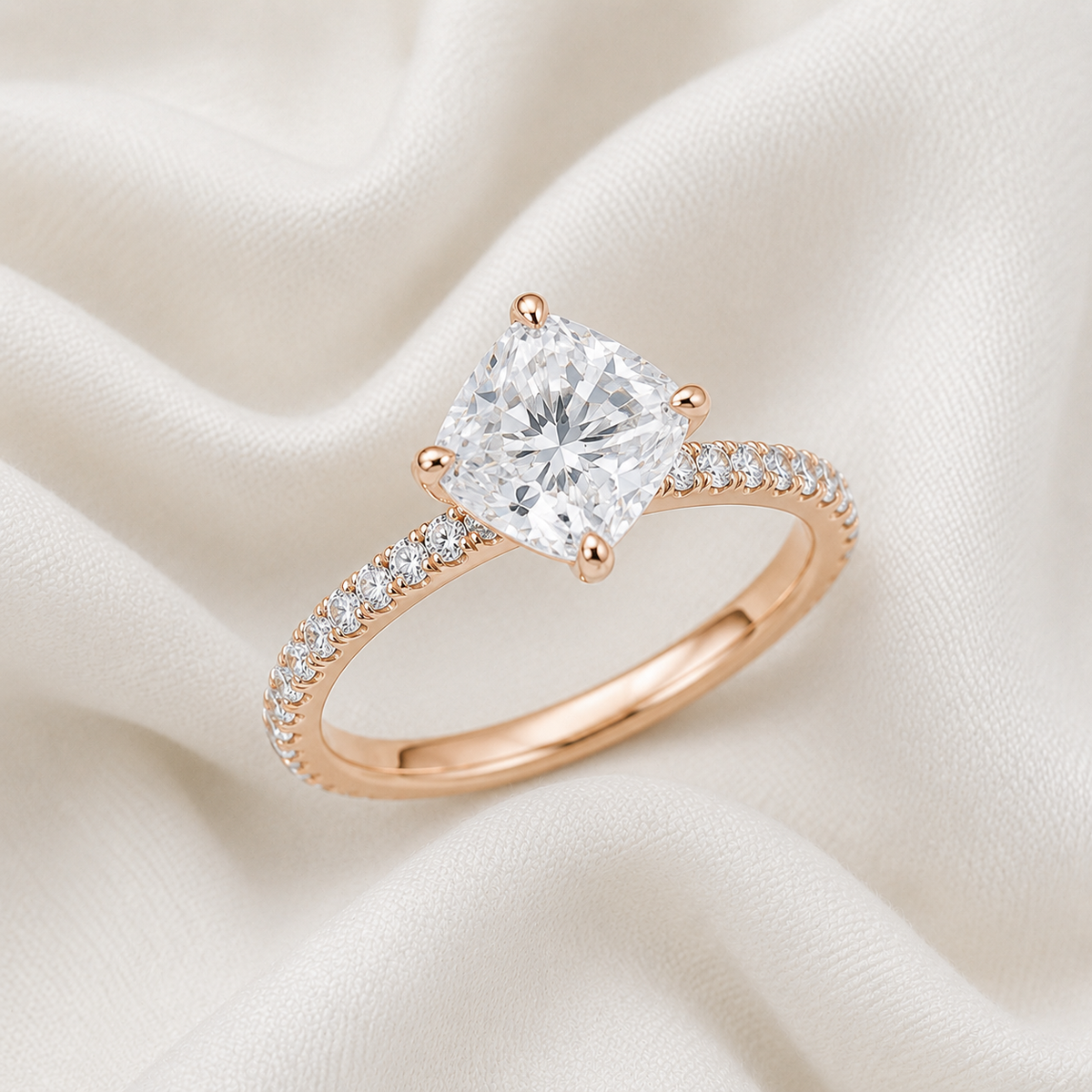 Cushion Diamond Pavé Engagement Ring | IGI Certified Lab-Grown | 1–5 CT | 14K & 18K Gold, Platinum