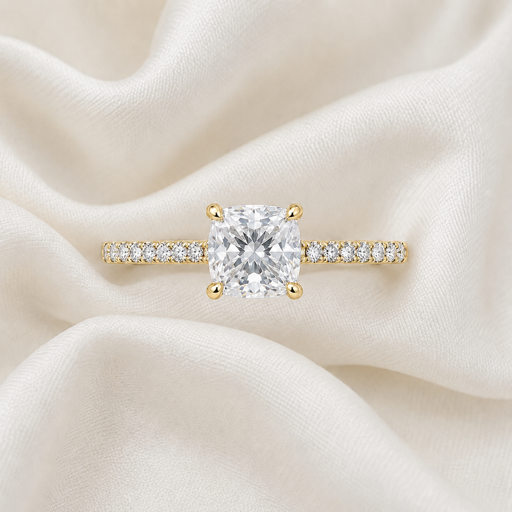 Cushion Diamond Pavé Engagement Ring | IGI Certified Lab-Grown | 1–5 CT | 14K & 18K Gold, Platinum