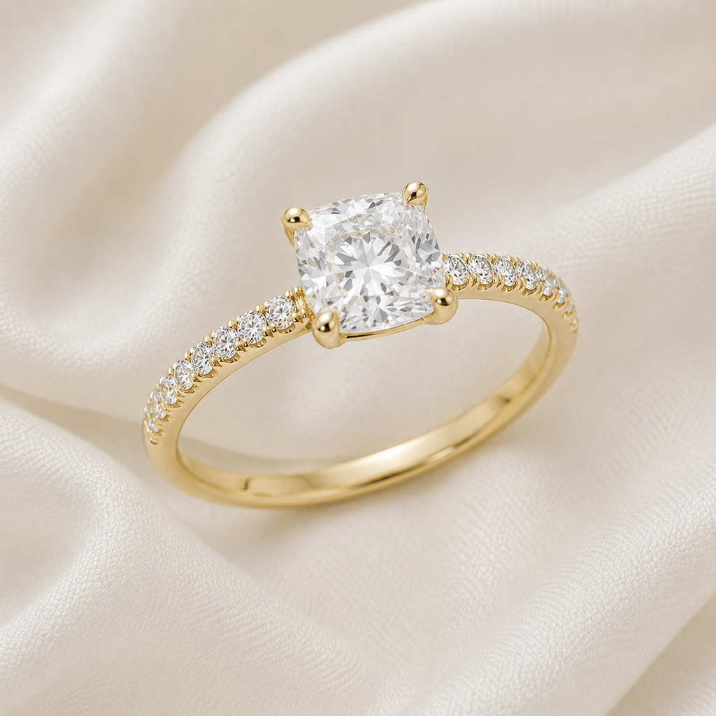 Cushion Diamond Pavé Engagement Ring | IGI Certified Lab-Grown | 1–5 CT | 14K & 18K Gold, Platinum