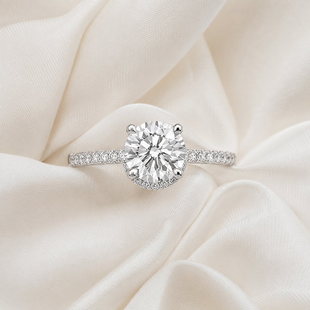 Round Diamond Pavé Hidden Halo Engagement Ring | IGI Certified Lab-Grown | 1–5 CT | 14K & 18K Gold, Platinum
