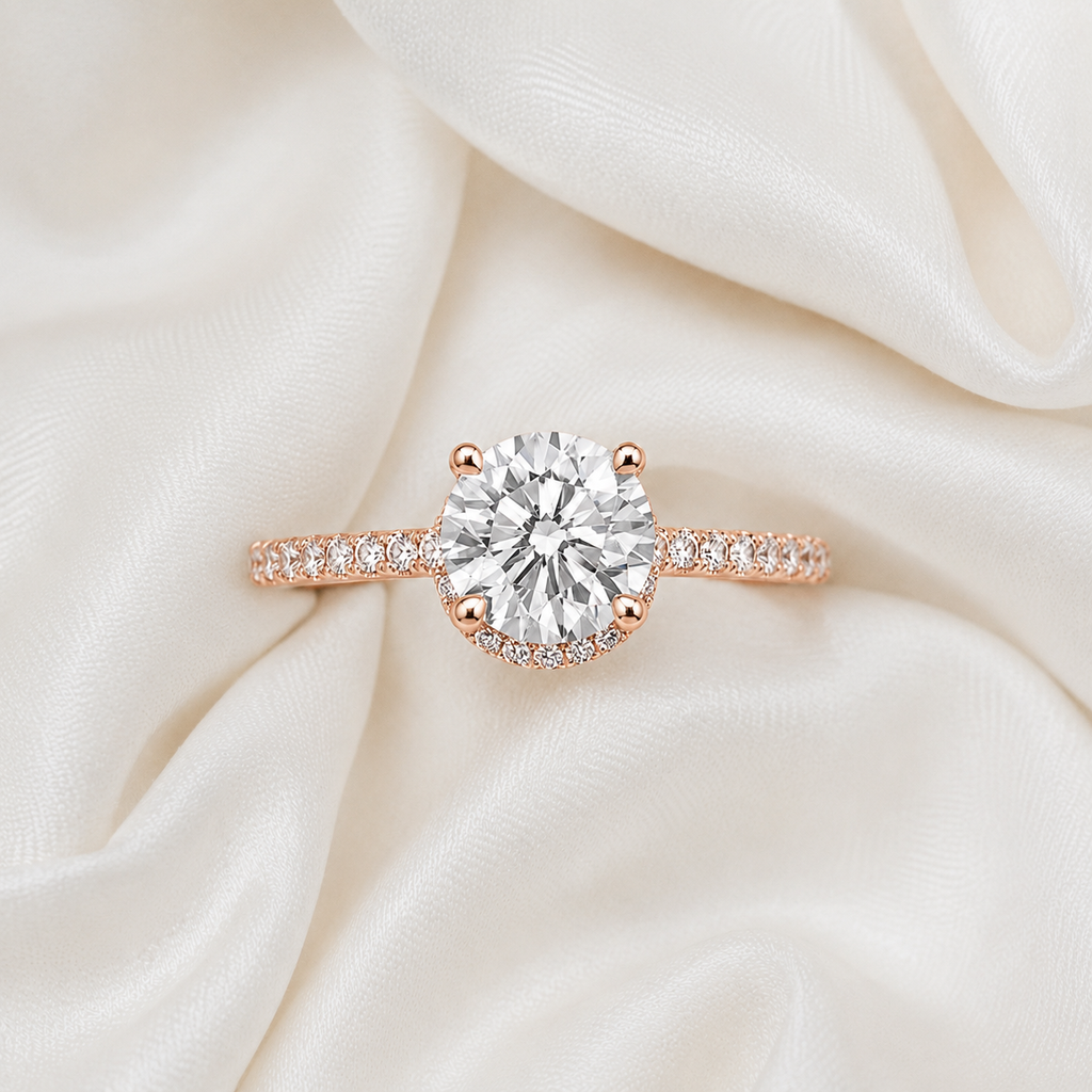 Round Diamond Pavé Hidden Halo Engagement Ring | IGI Certified Lab-Grown | 1–5 CT | 14K & 18K Gold, Platinum