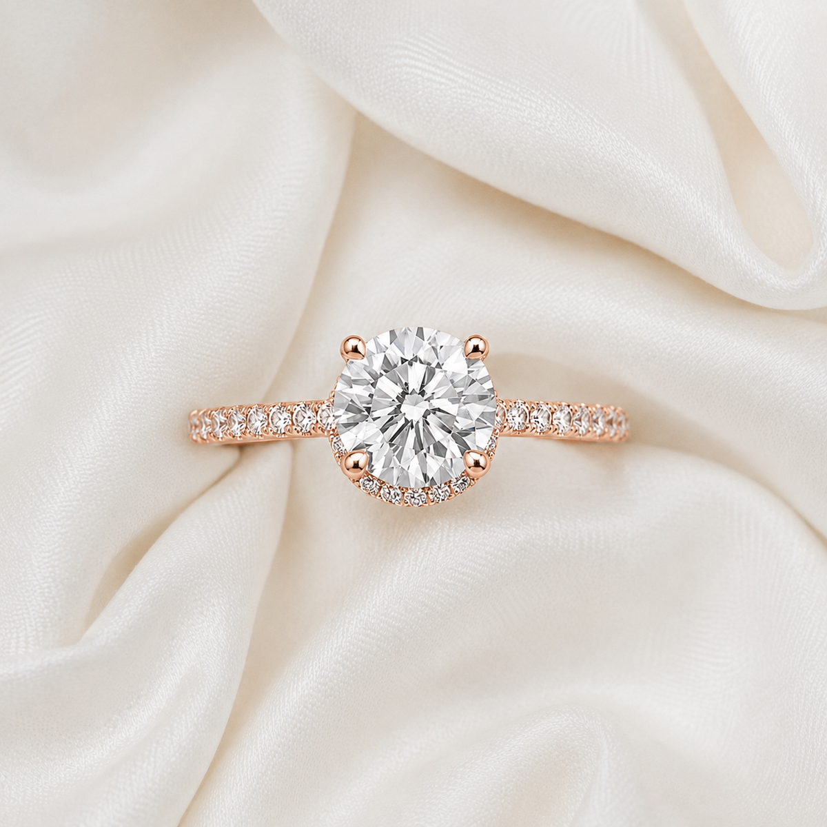 Round Diamond Pavé Hidden Halo Engagement Ring | IGI Certified Lab-Grown | 1–5 CT | 14K & 18K Gold, Platinum