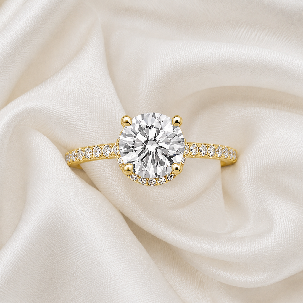 Round Diamond Pavé Hidden Halo Engagement Ring | IGI Certified Lab-Grown | 1–5 CT | 14K & 18K Gold, Platinum