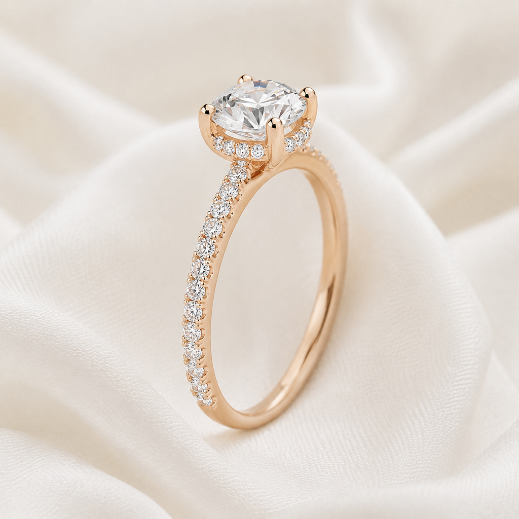 Round Diamond Pavé Hidden Halo Engagement Ring | IGI Certified Lab-Grown | 1–5 CT | 14K & 18K Gold, Platinum