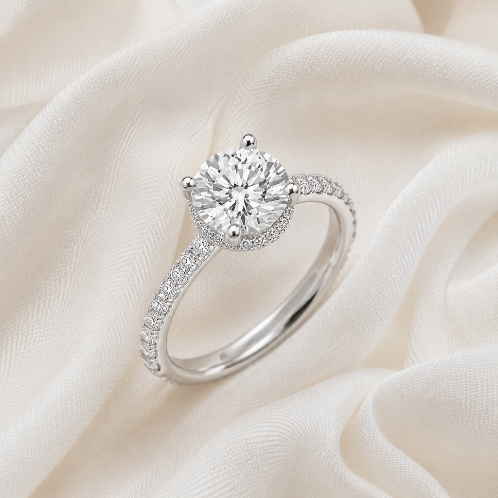 Round Diamond Pavé Hidden Halo Engagement Ring | IGI Certified Lab-Grown | 1–5 CT | 14K & 18K Gold, Platinum
