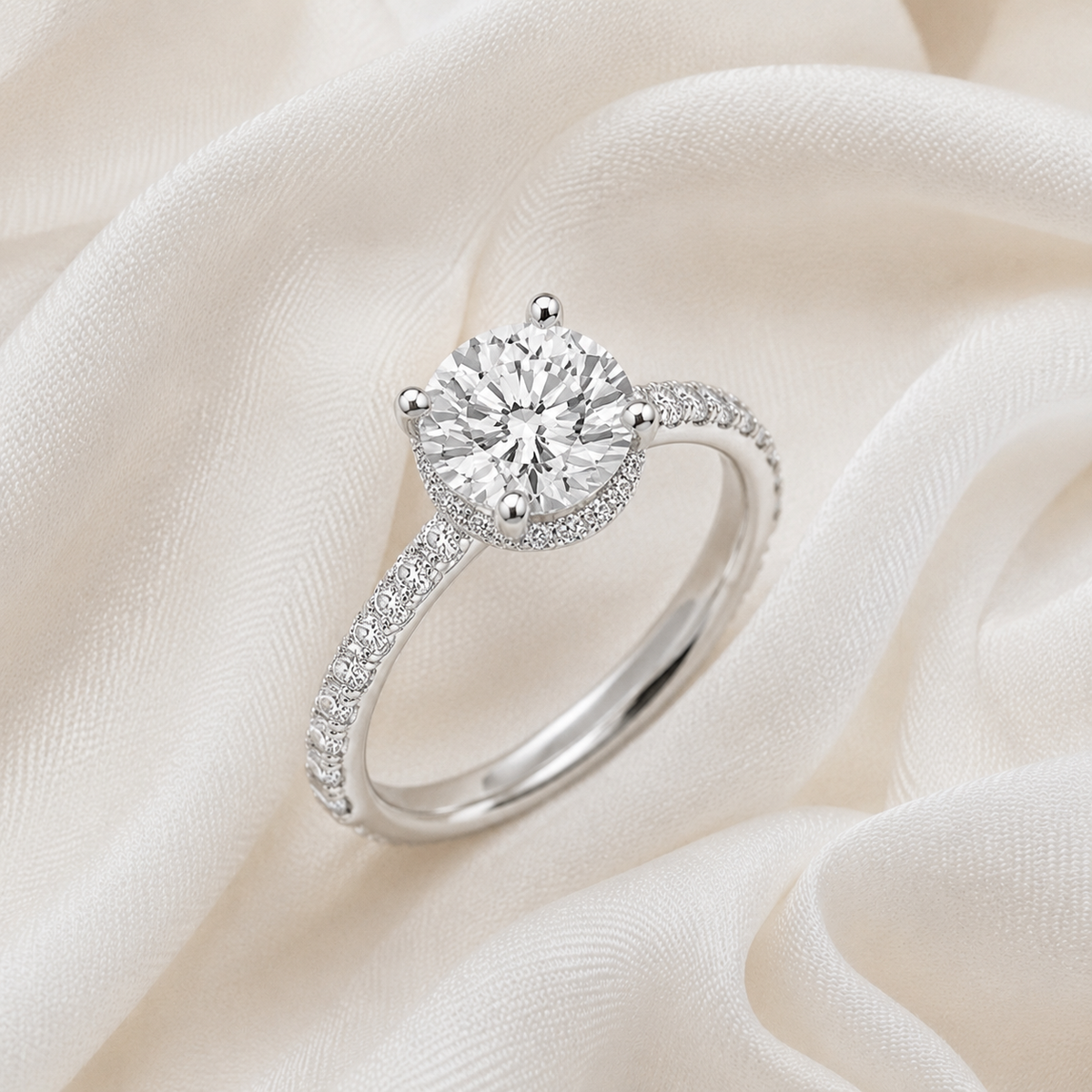 Round Diamond Pavé Hidden Halo Engagement Ring | IGI Certified Lab-Grown | 1–5 CT | 14K & 18K Gold, Platinum