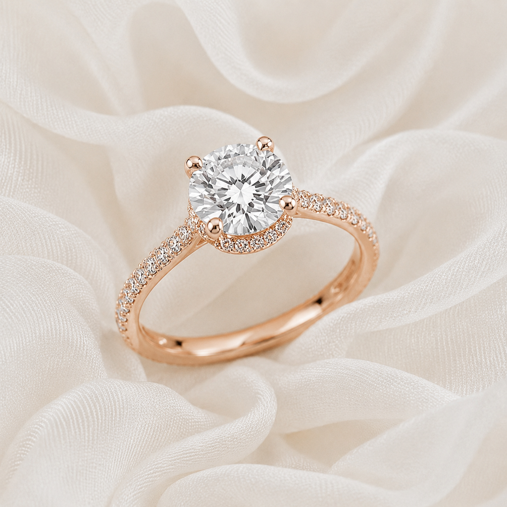 Round Diamond Pavé Hidden Halo Engagement Ring | IGI Certified Lab-Grown | 1–5 CT | 14K & 18K Gold, Platinum