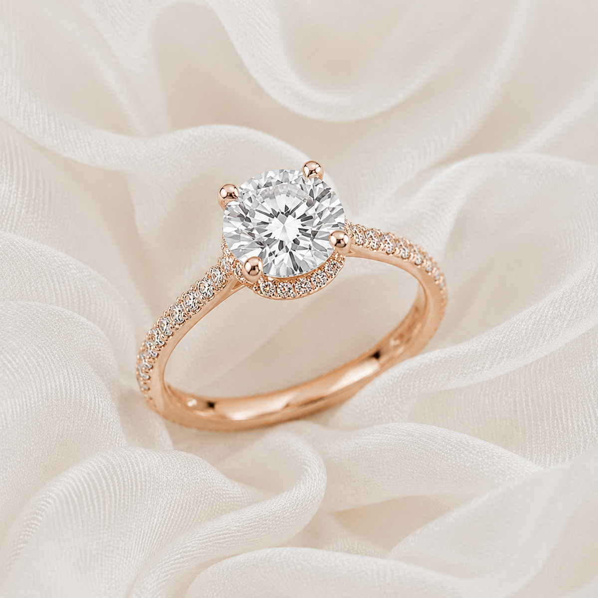 Round Diamond Pavé Hidden Halo Engagement Ring | IGI Certified Lab-Grown | 1–5 CT | 14K & 18K Gold, Platinum