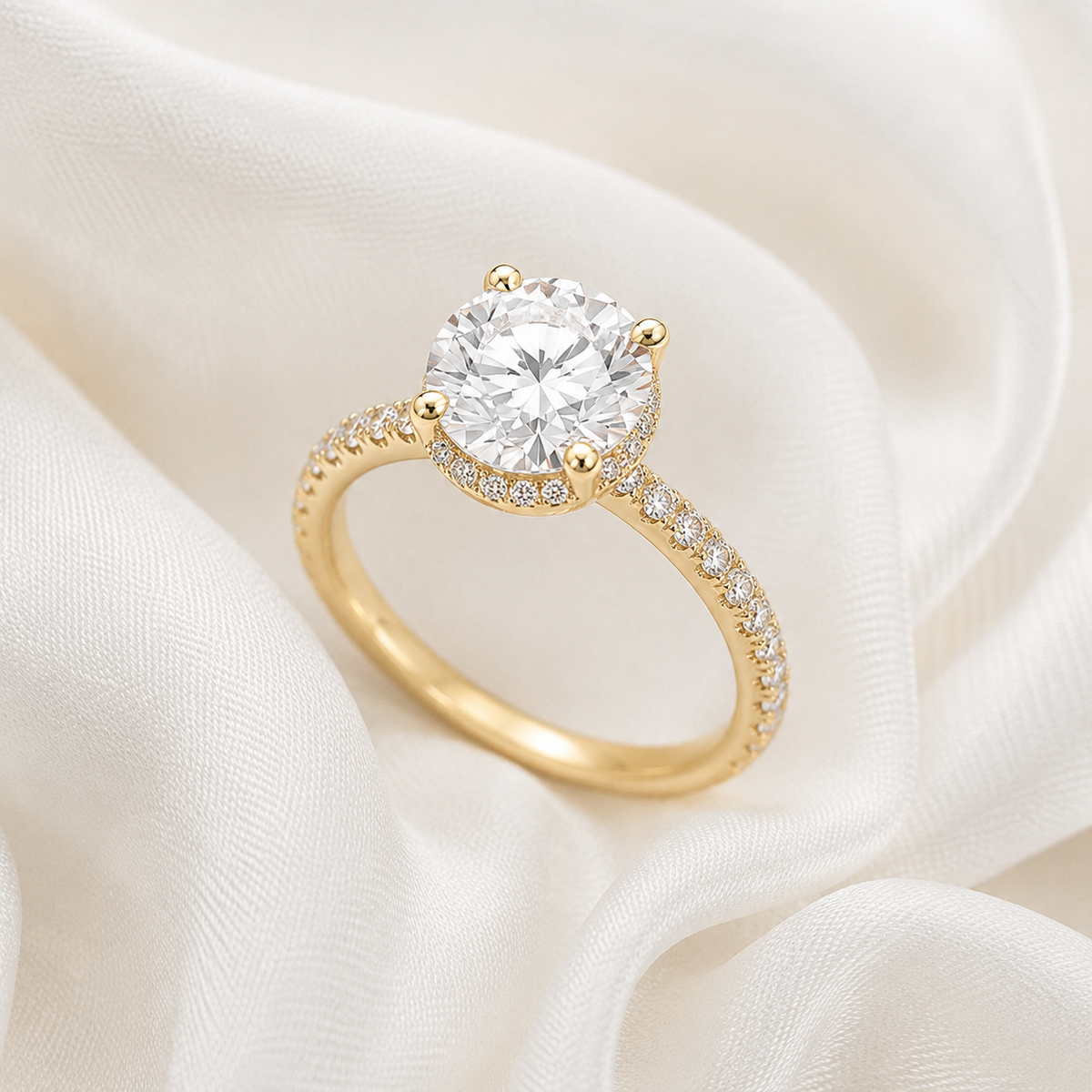 Round Diamond Pavé Hidden Halo Engagement Ring | IGI Certified Lab-Grown | 1–5 CT | 14K & 18K Gold, Platinum
