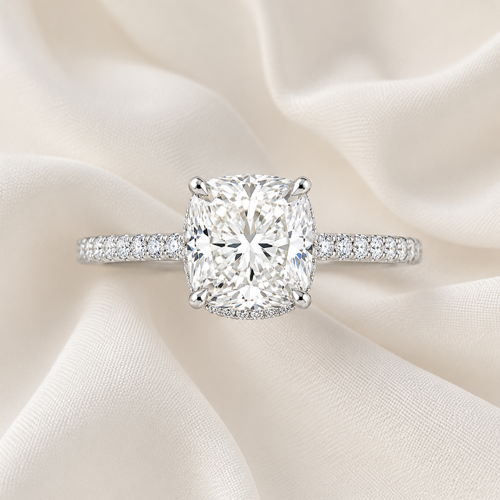 Cushion Diamond Pavé Hidden Halo Engagement Ring | IGI Certified Lab-Grown | 1–5 CT | 14K & 18K Gold, Platinum