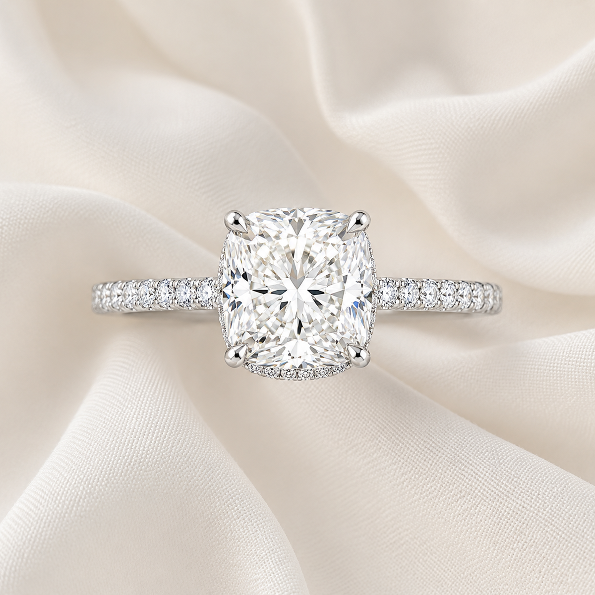 Cushion Diamond Pavé Hidden Halo Engagement Ring | IGI Certified Lab-Grown | 1–5 CT | 14K & 18K Gold, Platinum