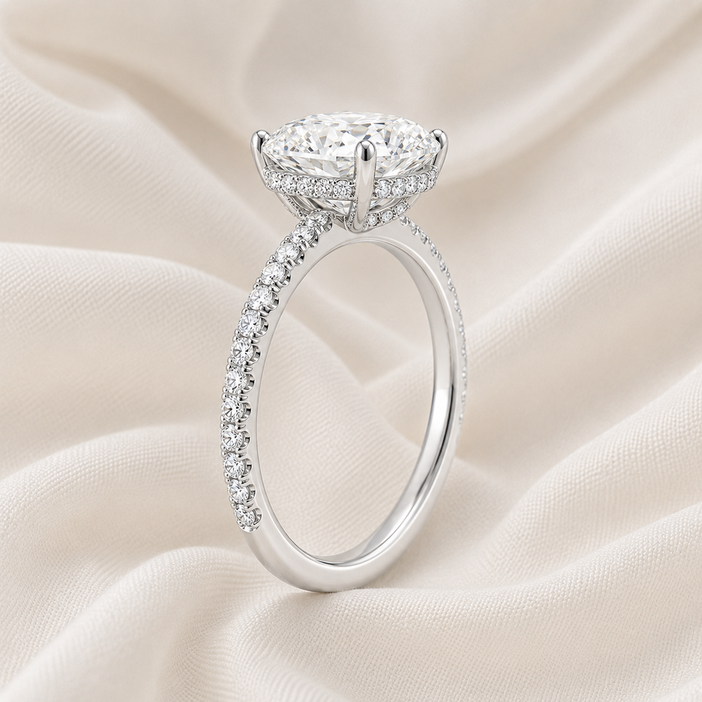 Cushion Diamond Pavé Hidden Halo Engagement Ring | IGI Certified Lab-Grown | 1–5 CT | 14K & 18K Gold, Platinum