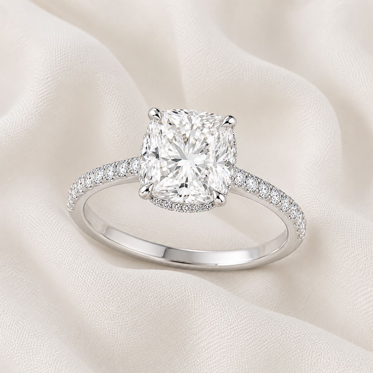 Cushion Diamond Pavé Hidden Halo Engagement Ring | IGI Certified Lab-Grown | 1–5 CT | 14K & 18K Gold, Platinum