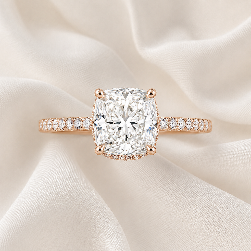 Cushion Diamond Pavé Hidden Halo Engagement Ring | IGI Certified Lab-Grown | 1–5 CT | 14K & 18K Gold, Platinum
