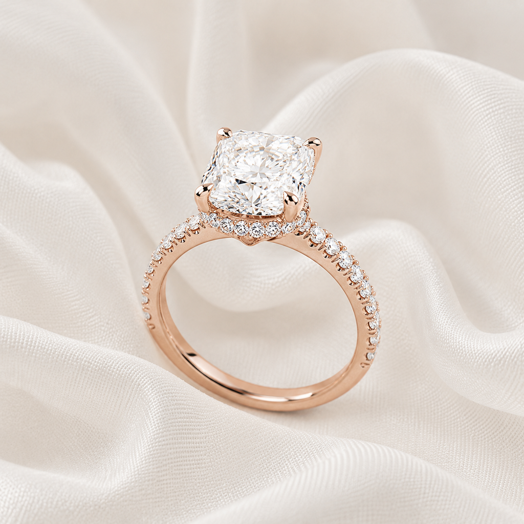 Cushion Diamond Pavé Hidden Halo Engagement Ring | IGI Certified Lab-Grown | 1–5 CT | 14K & 18K Gold, Platinum