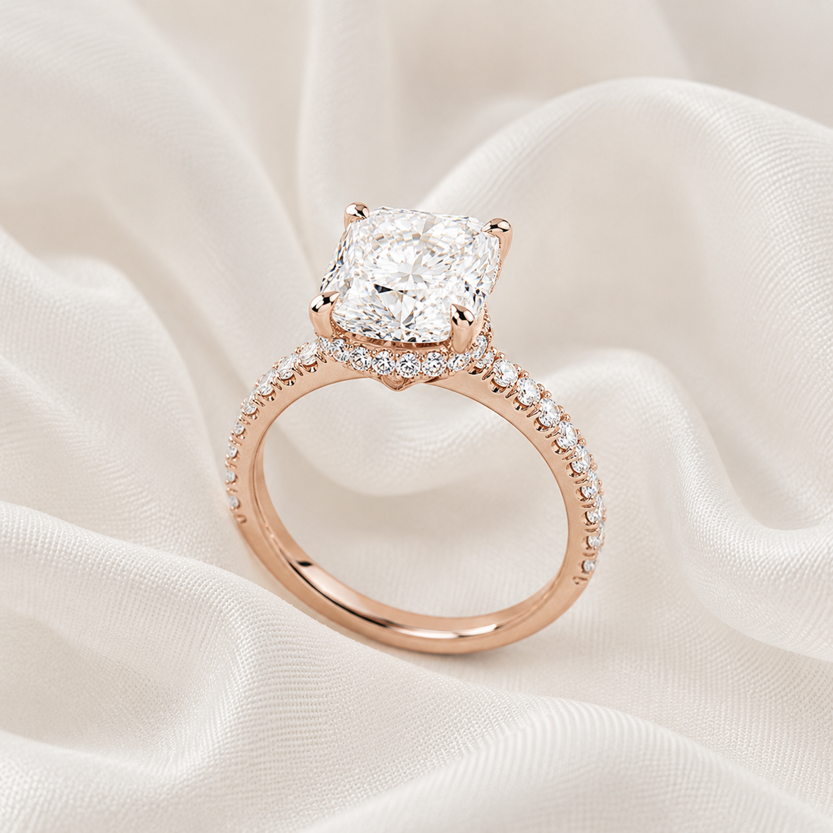 Cushion Diamond Pavé Hidden Halo Engagement Ring | IGI Certified Lab-Grown | 1–5 CT | 14K & 18K Gold, Platinum