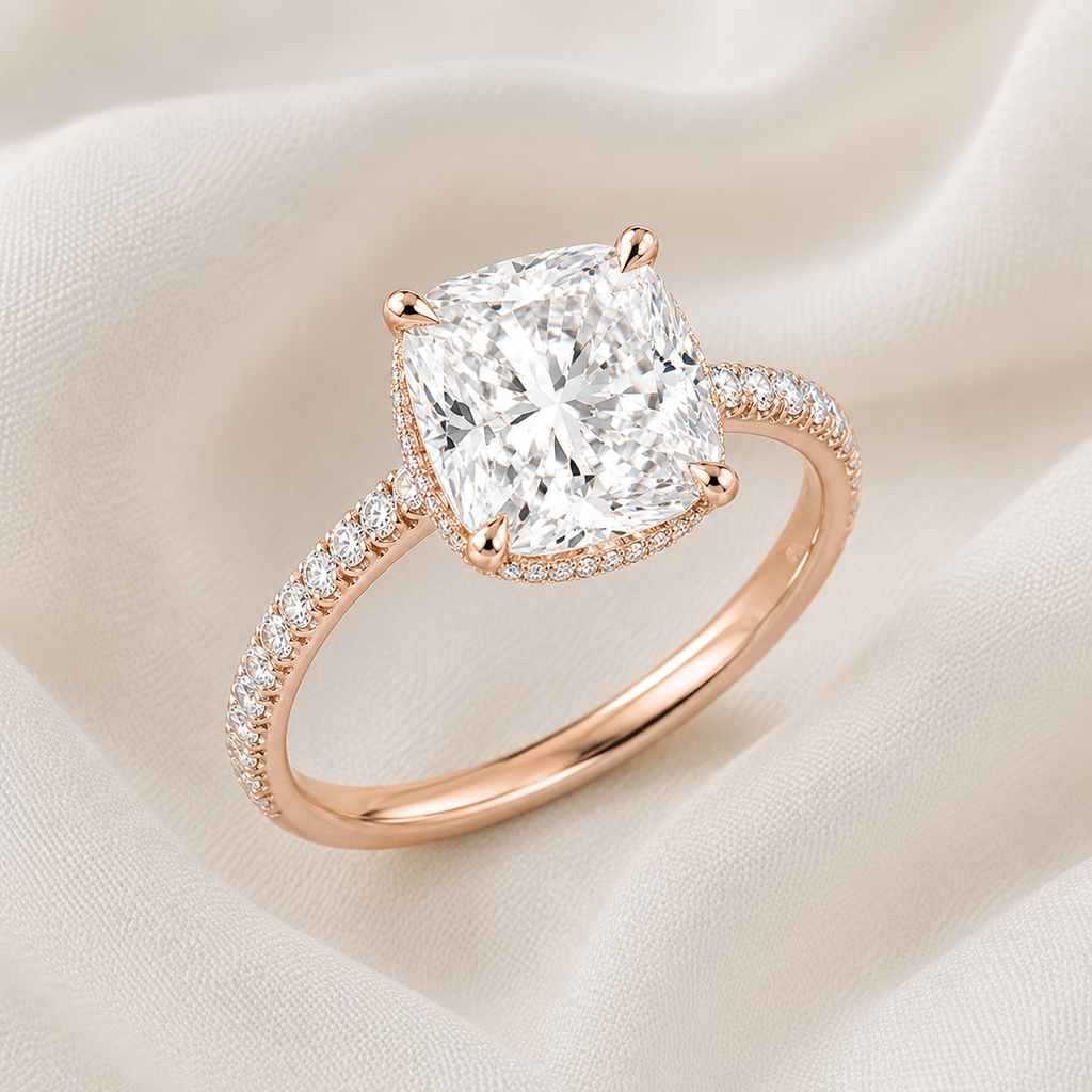 Cushion Diamond Pavé Hidden Halo Engagement Ring | IGI Certified Lab-Grown | 1–5 CT | 14K & 18K Gold, Platinum