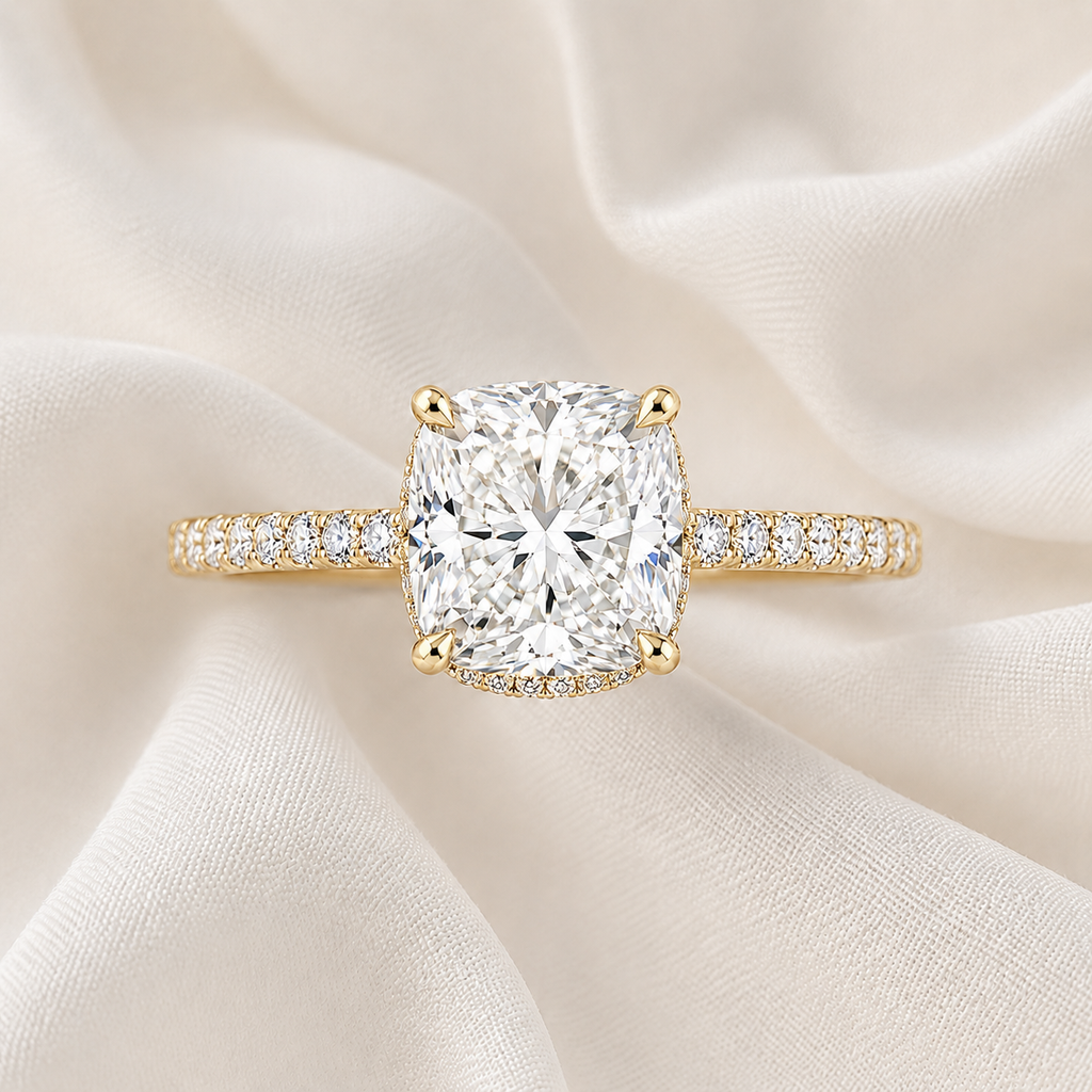 Cushion Diamond Pavé Hidden Halo Engagement Ring | IGI Certified Lab-Grown | 1–5 CT | 14K & 18K Gold, Platinum