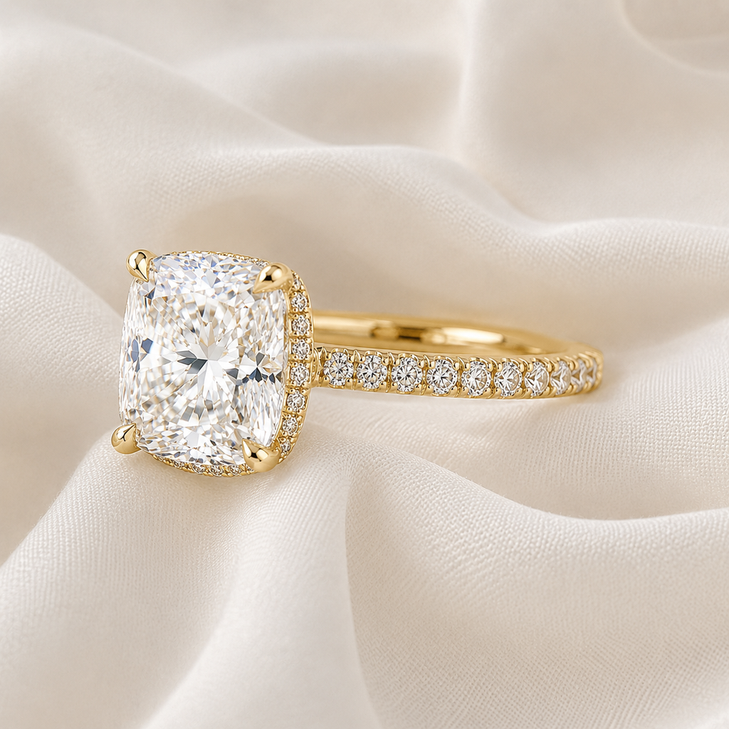 Cushion Diamond Pavé Hidden Halo Engagement Ring | IGI Certified Lab-Grown | 1–5 CT | 14K & 18K Gold, Platinum