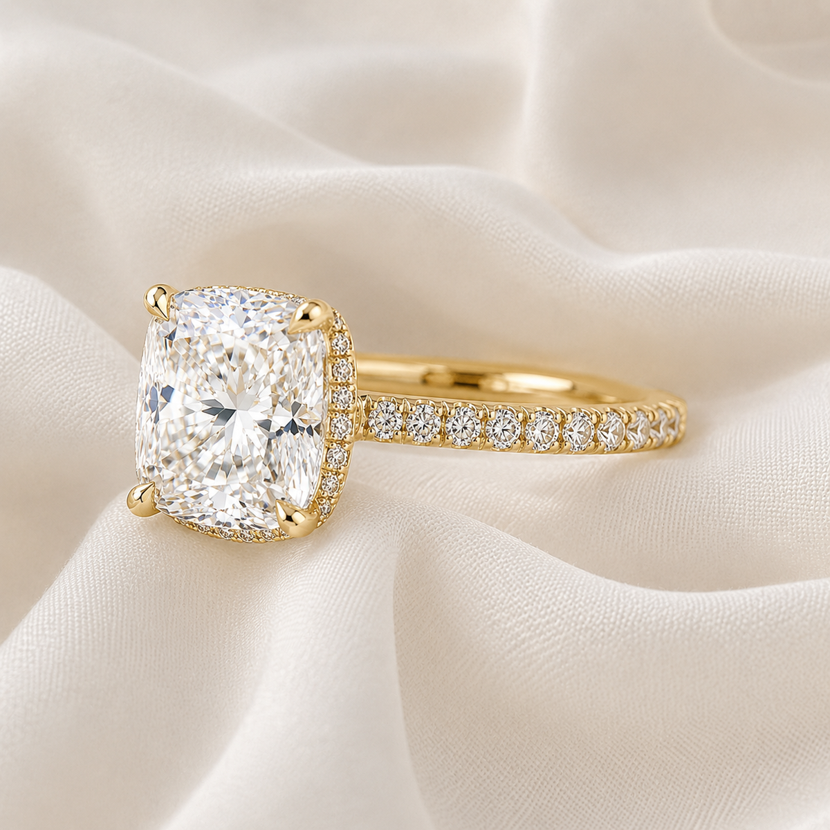 Cushion Diamond Pavé Hidden Halo Engagement Ring | IGI Certified Lab-Grown | 1–5 CT | 14K & 18K Gold, Platinum