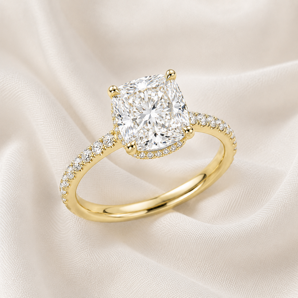 Cushion Diamond Pavé Hidden Halo Engagement Ring | IGI Certified Lab-Grown | 1–5 CT | 14K & 18K Gold, Platinum