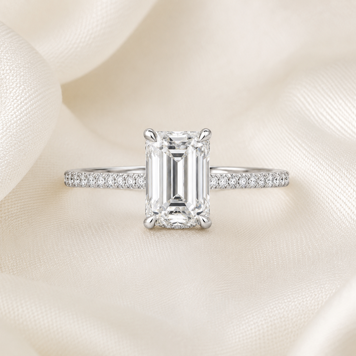 Emerald Diamond Pavé Hidden Halo Engagement Ring | IGI Certified Lab-Grown | 1–5 CT | 14K & 18K Gold, Platinum