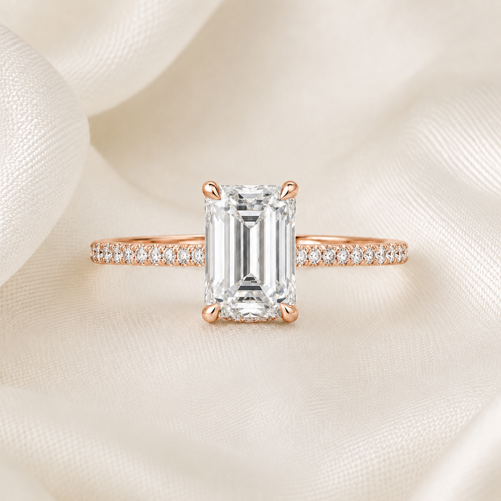 Emerald Diamond Pavé Hidden Halo Engagement Ring | IGI Certified Lab-Grown | 1–5 CT | 14K & 18K Gold, Platinum