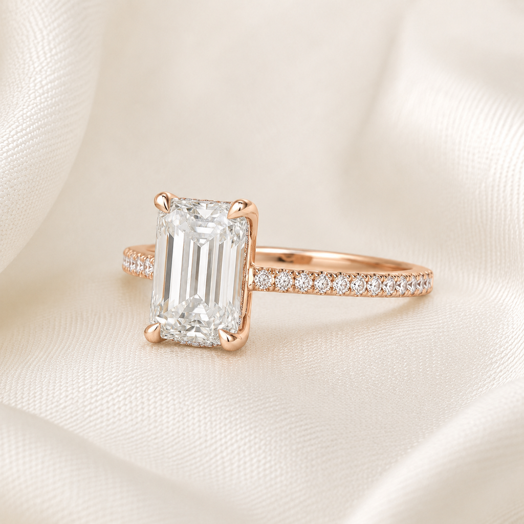 Emerald Diamond Pavé Hidden Halo Engagement Ring | IGI Certified Lab-Grown | 1–5 CT | 14K & 18K Gold, Platinum